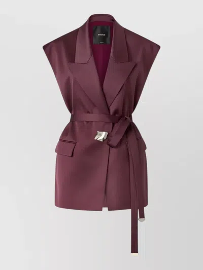 Pinko Satin Blazer Belted Waist Sleeveless Pockets In Burgundy