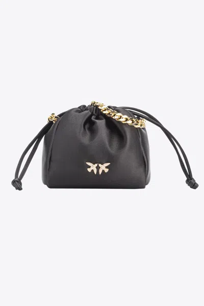 Pinko Satin Mini Clutch Bag With Chain In Black-gold