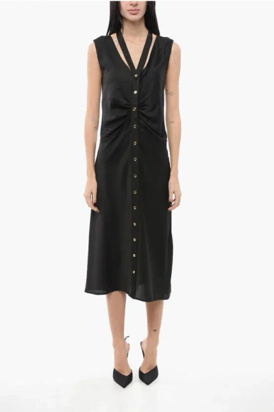 Pinko Satin Sleeveless Acheloo Shirt Dress With Golden Buttons In Black