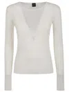 Pinko Long-sleeved Top With Deep V-neckline And Ribbed Texture In Bianco Off-white