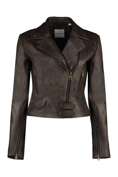 Pinko Sensibile Leather Jacket In Marron Vintage