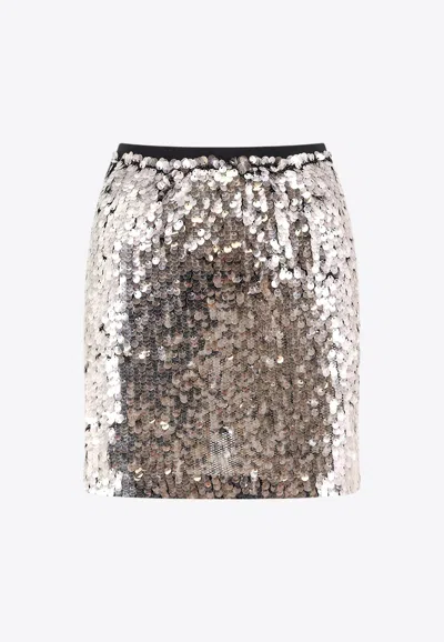 Pinko Sequin-embellished Mini Skirt In Silver