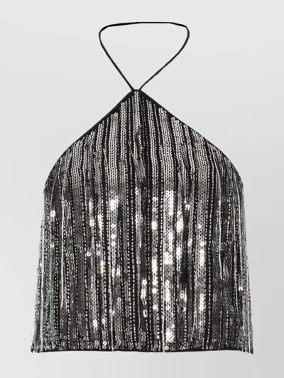 Pinko Sequin Fringe Halterneck Crop Top In Metallic