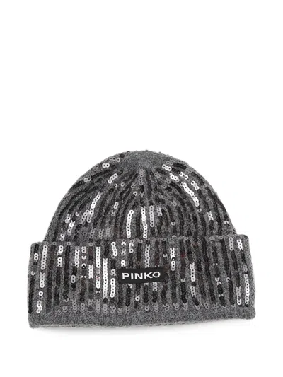 Pinko Sequin-embellished Ribbed-knit Beanie Hat In Gray