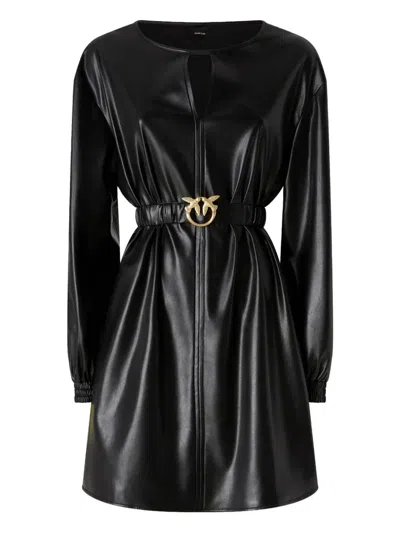 Pinko Sfumato Midi Dress With Gathered Belt And Gold Buckle In Black