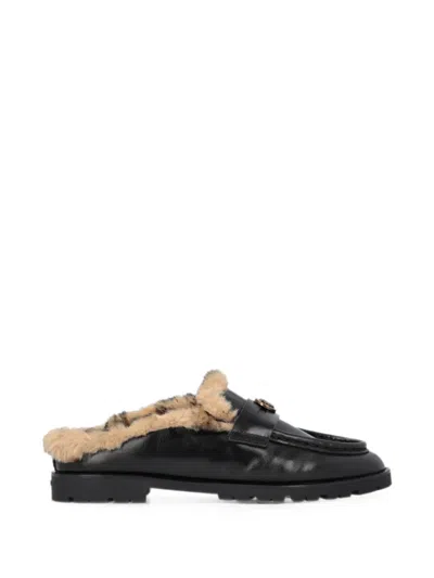 Pinko Shearling-lined Leather Mules In Black