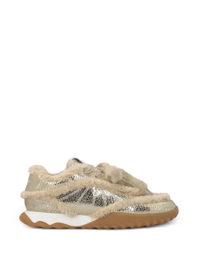 Pinko Shearling-trim Cracked-effect Sneakers In Gold