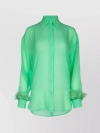PINKO SHEER COLLAR LONG SLEEVE TOP WITH FEATHER TRIM