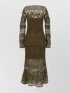 Pinko 'ortles' Green Crewneck Long Dress With Fishnet Design And All-over Floral Embroidery