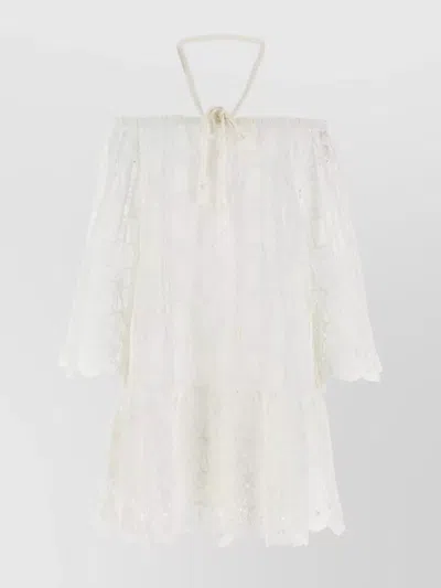 PINKO SHEER HALTER NECK FLARED HEM DRESS