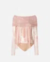 Pinko Sheer Lace Bodysuit With Open Shoulders In Light White Coffee