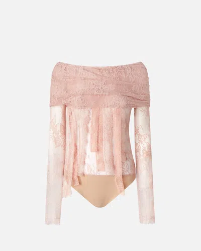 Pinko Sheer Lace Bodysuit With Open Shoulders In Light White Coffee