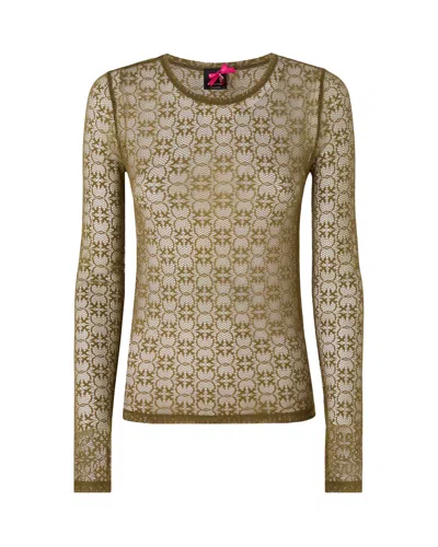 Pinko Sheer Lace Long Sleeve Top In Verde Oliva Scuro
