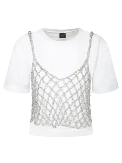 Pinko Shimmering Crochet Net White T-shirt In Bianco/argento