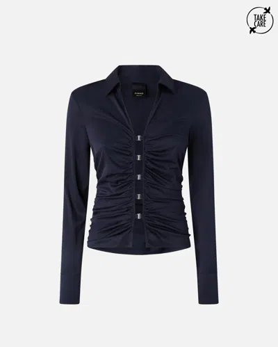 Pinko Shiny Blouse With Gathers And Open Back In Blu Tenebra