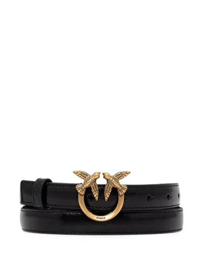 Pinko Shiny Leather Belt With Love Birds Buckle In Black