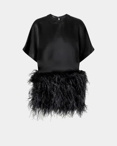 Pinko Shiny Satin Evening Dress With Feathers In Black