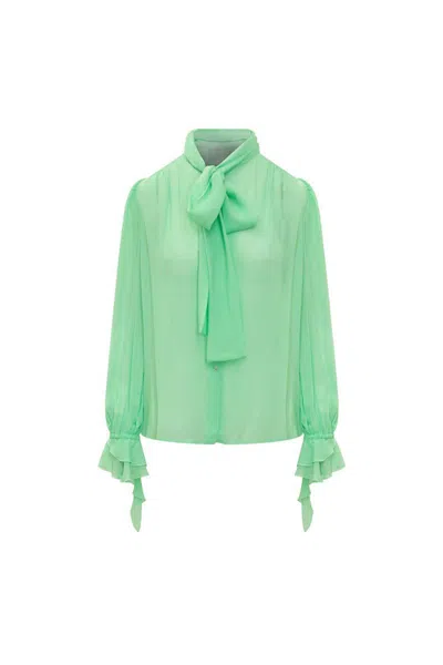 Pinko Bow Detail Long Sleeves Ruffle Cuffs Shirt In Green