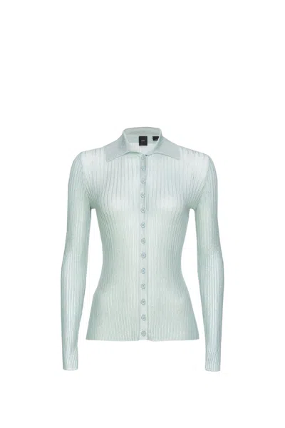Pinko Ribbed Lurex Sweater With Buttons In Verde/argento