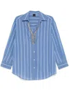 Pinko Blue And White Striped Shirt With Embellished Neckline In Blu E Bianco