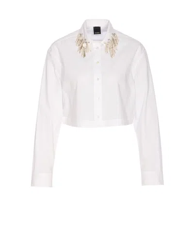 Pinko Cropped Shirt With Embellished Long Sleeves In White