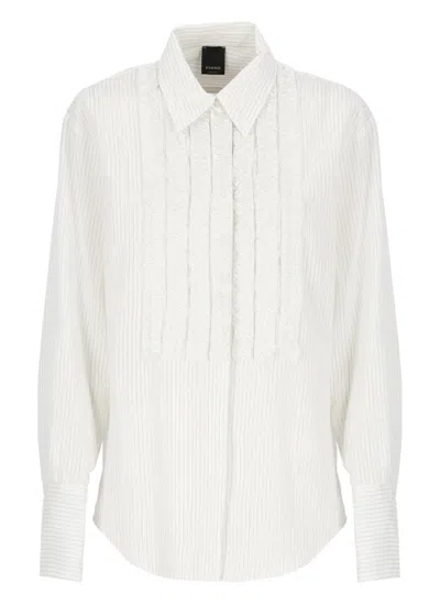 Pinko White Shirt With V Neck Collar And Rhinestone Embellishments On The Front In Cotton Woman