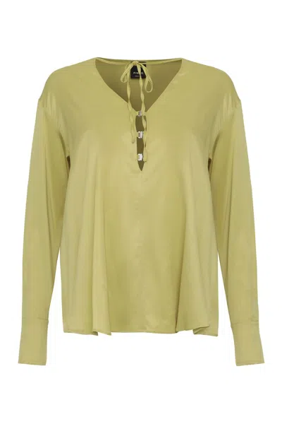 Pinko Shirt-style Viscose Blouse With Buttoned Cuffs In Green