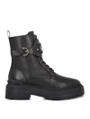 Pinko Chunky Platform Black Leather Boots With Decorative Buckle In Black
