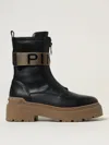 Pinko Stretch Leather Biker Lace-up With Gold Buckle In Black