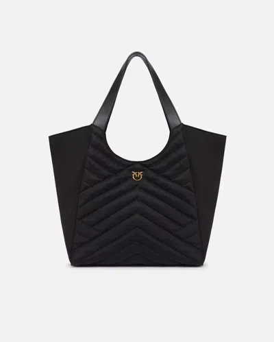 Pinko Shopper Bag In Puzzle-quilted Recycled Fabric In Noir-vieil Or