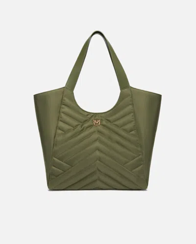 Pinko Shopper Bag In Puzzle-quilted Recycled Fabric In Troglodyte-or Antique