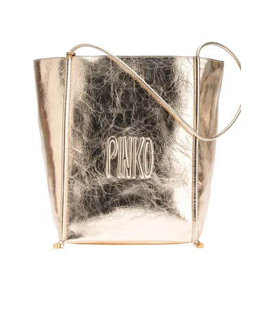 Pinko Shopper North South Wrinkle Metal Leather In Brown