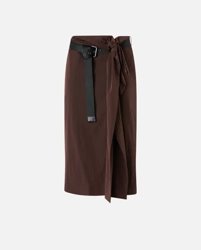 Pinko Short Asymmetrical Skirt In Technical Fabric With Belt In Brown