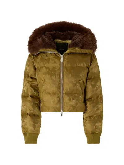 Pinko Short Down Jacket In Technical Satin With Camouflage Motif In Gray
