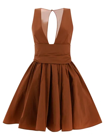 Pinko Short Dress With Ruffles And V-neck Dresses Brown