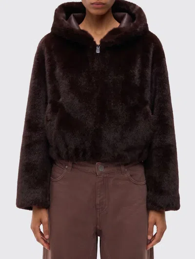 Pinko Short Faux Fur Hooded Jacket With Dropped Shoulders In Brown