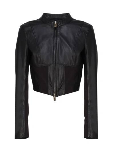Pinko Short Leather And Fabric Biker Jacket In Black
