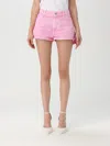 Pinko Pink Denim Shorts With Leather Logo Patch In Violet