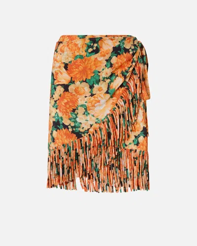 Pinko - Short Skirt With Fringing And Botanic Garden Print - 44 In Orange