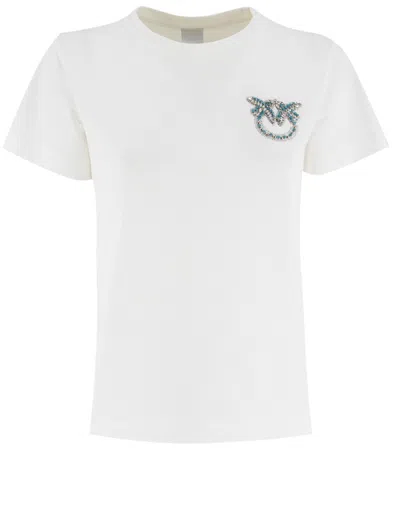 Pinko Short Sleeve Cotton T-shirt With Jewelled Love Birds Embroidery In White