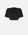 Pinko Short-sleeved Crop Top With Padded Shoulders In Noir Limousine