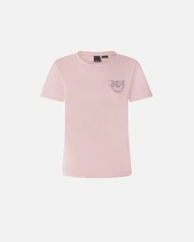 Pinko Short-sleeved T-shirt With Bejewelled Love Birds Embroidery In Pink