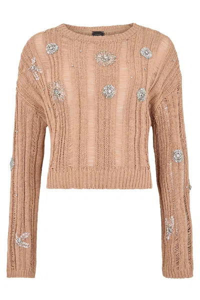 Pinko Short Sweater In Cotton Blend With Rhinestones In Blue