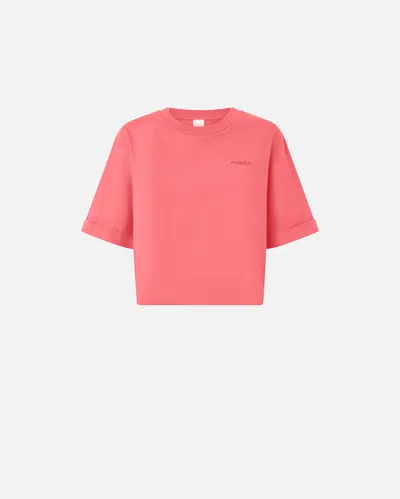 Pinko Short T-shirt With Embroidered Logo In Red-tomato Sauce