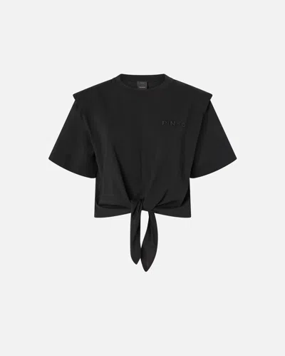 Pinko Short T-shirt With Knot In Front In Limo Black