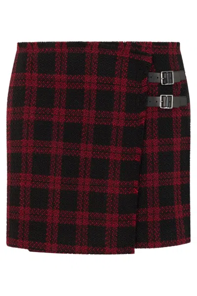Pinko Short Tartan Mini Skirt With Front Buckles In Red
