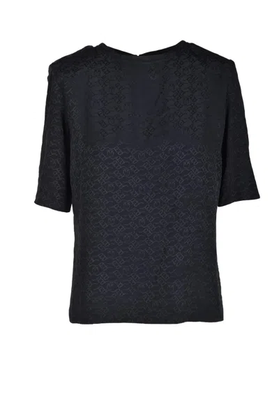Pinko Short-sleeved Black Blouse With Jacquard Pattern In Blue