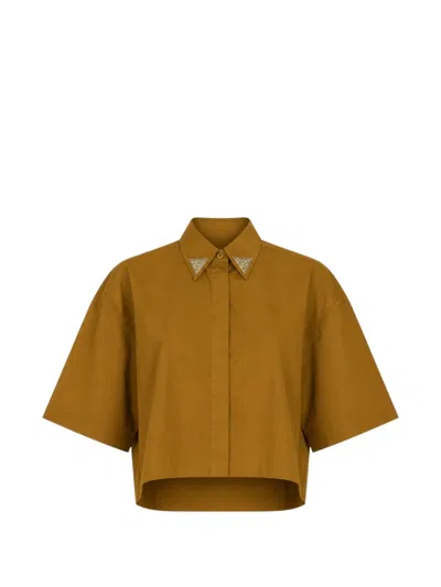 Pinko Short-sleeved Cropped Shirt In Brown