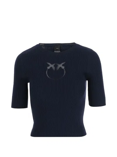 Pinko Blue Ribbed Short-sleeved Wool-blend Sweater In Black
