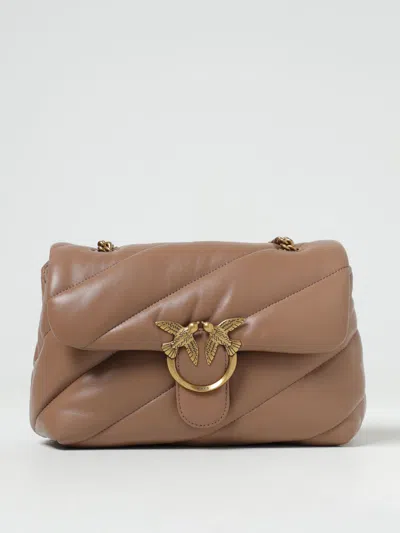 Pinko Beige Leather Shoulder Bag In Brown